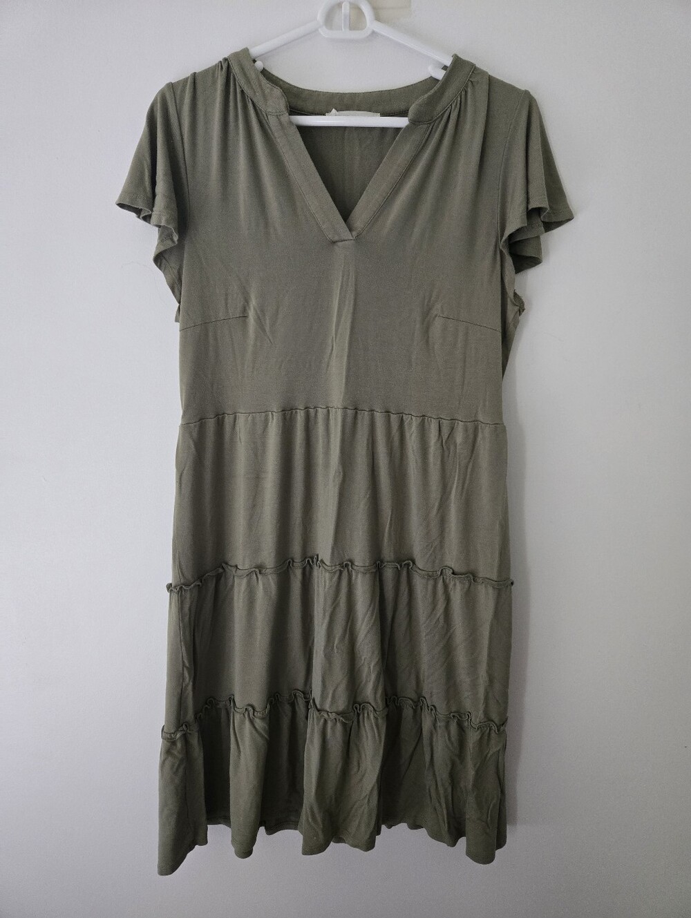 Lucky Brand Olive Green Short Sleeve Tiered Dress